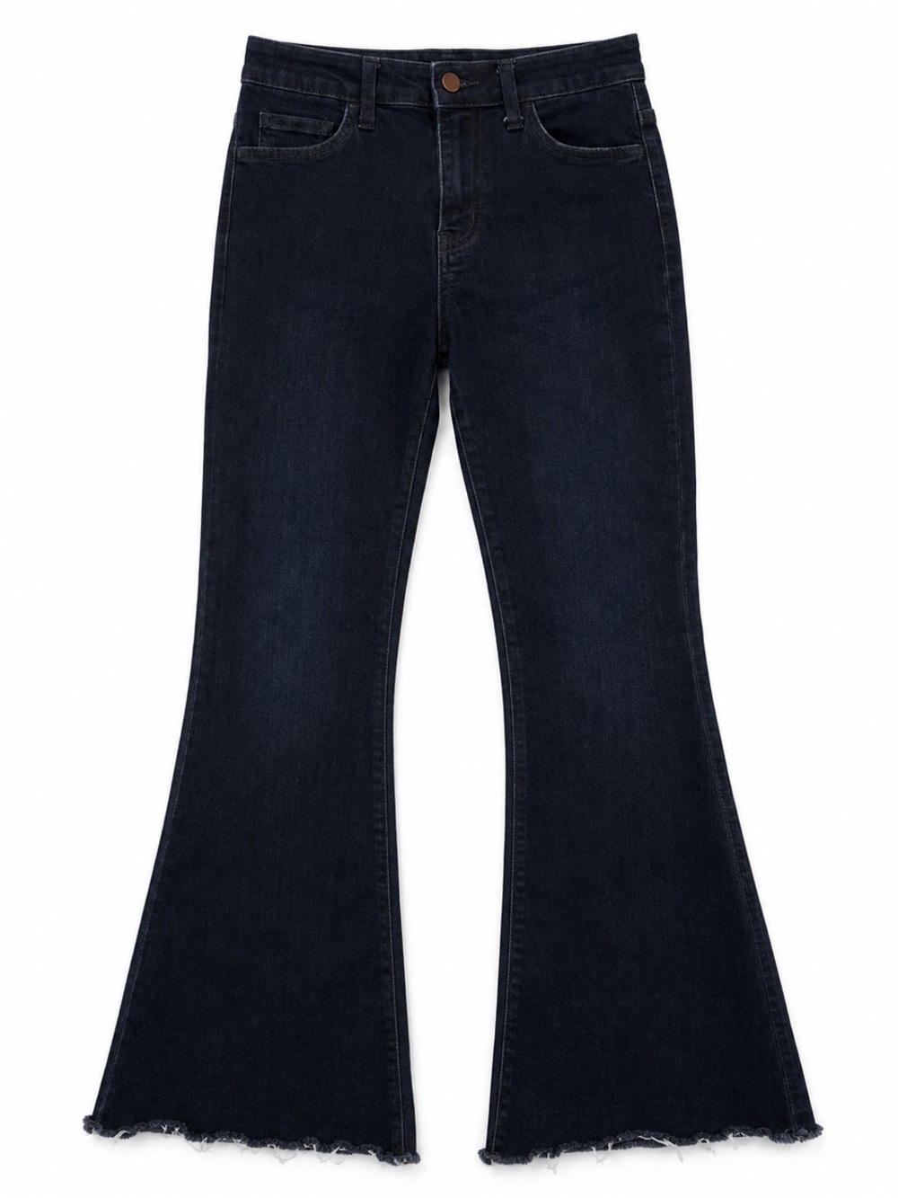 Womenโs Flying Monkey High Rise Flare Jeans Dark Wash Frayed Hem Size 24